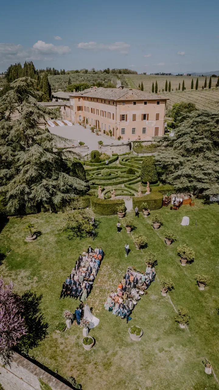 Matrimonio in villa ripreso dall'alto